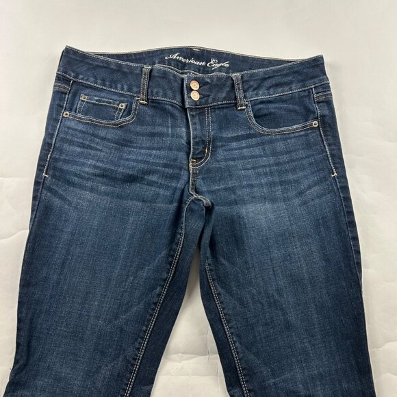 LONG American Eagle Dark Wash Stretch Denim Artist Flare Jeans 12L - Picture 2 of 7